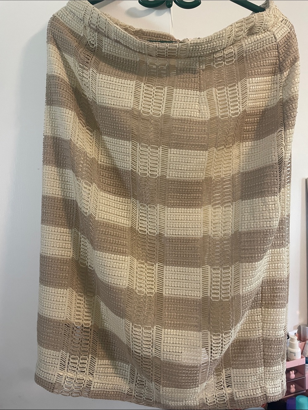 Anthropologie Crochet Midi Skirt in Cream and Tan Check